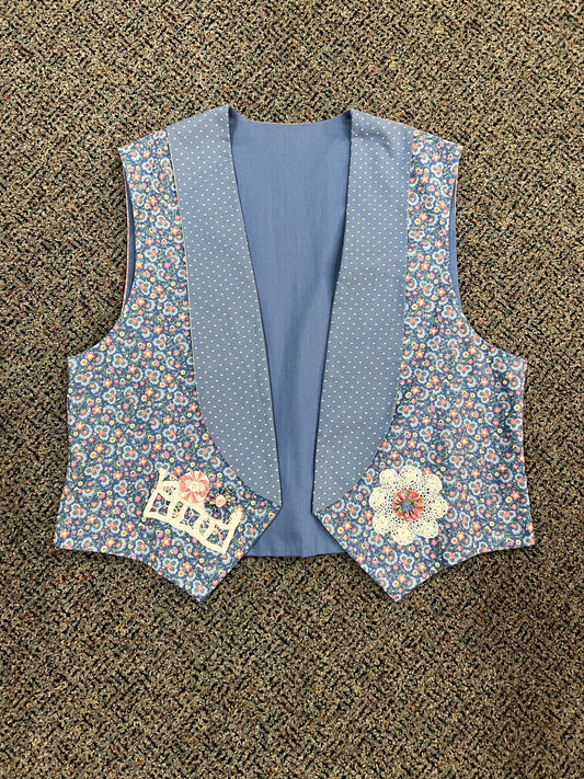 70's Handmade Blue Floral Patterned Vest