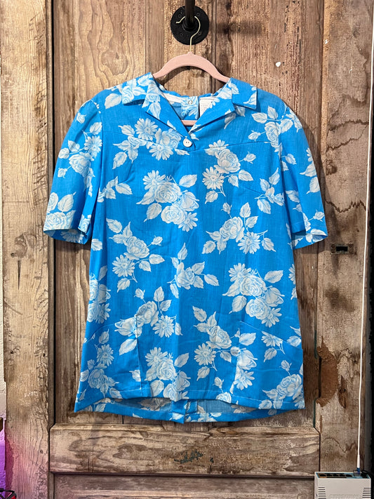 VTG Terrie Lee Fashions Blue Floral Button Snap Up Back Shirt