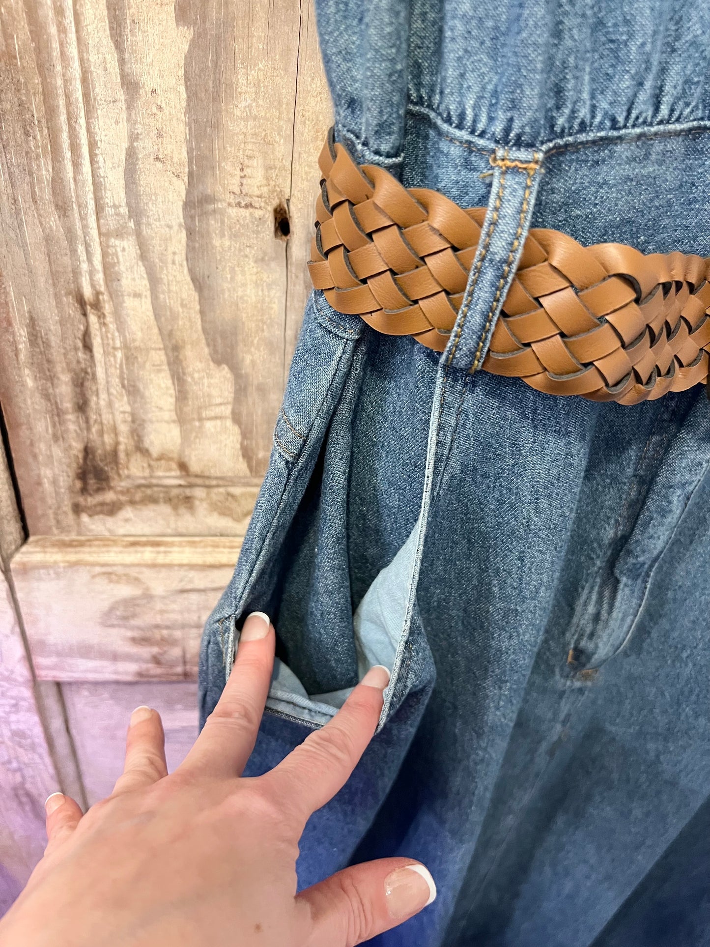 90's Carolina Blues Denim Sleeve-less Belted Dress