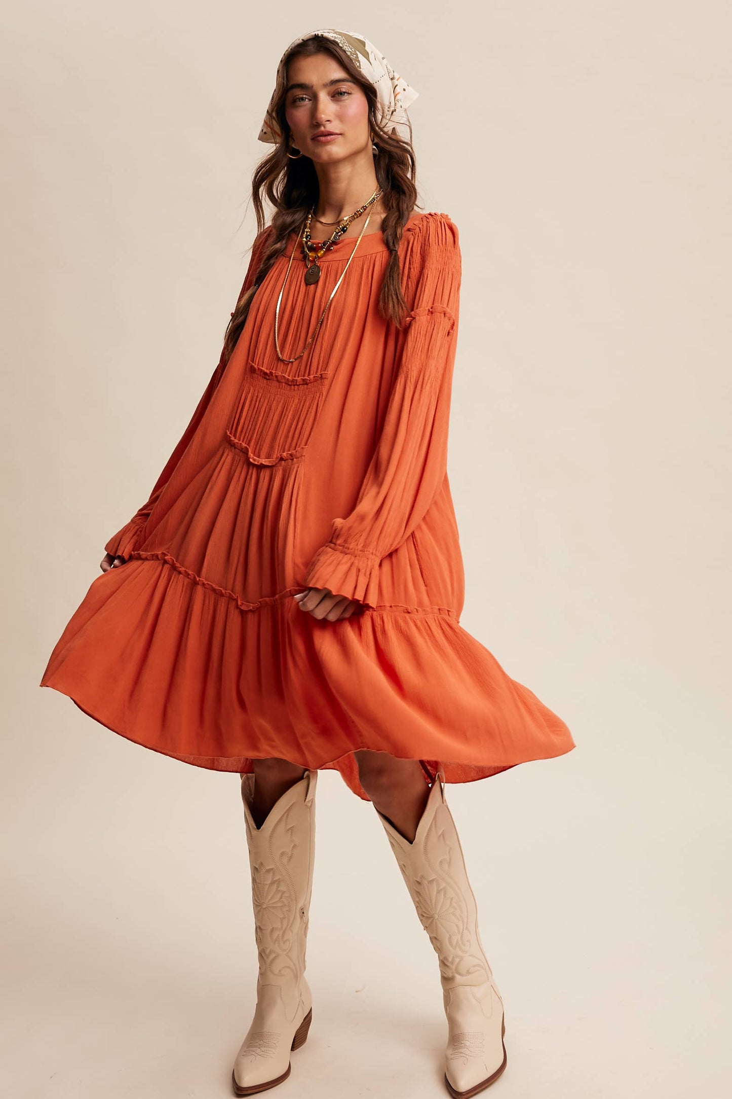 Smocked Tiered Long Sleeve Dress
