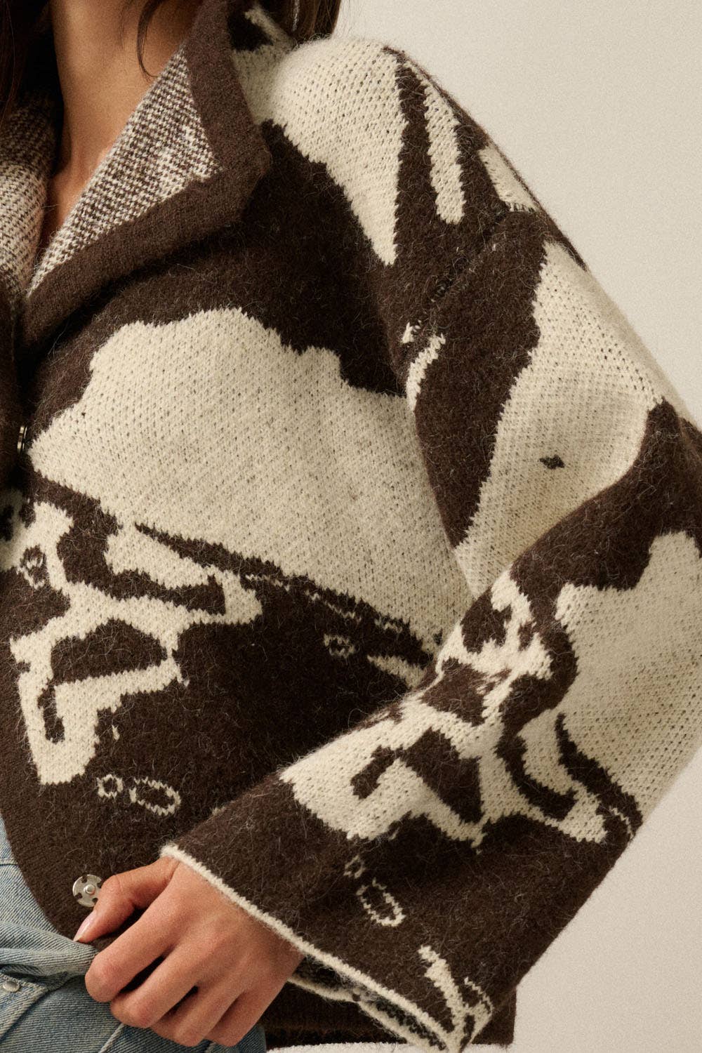 Abstract Jacquard Knit Offset Sweater Jacket
