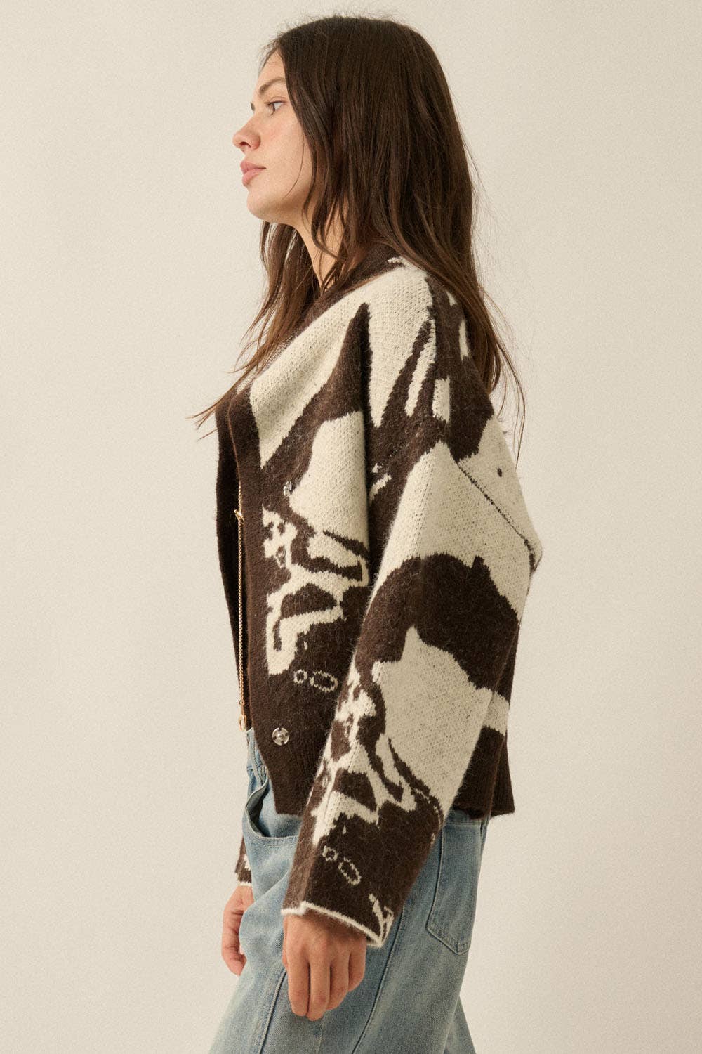 Abstract Jacquard Knit Offset Sweater Jacket