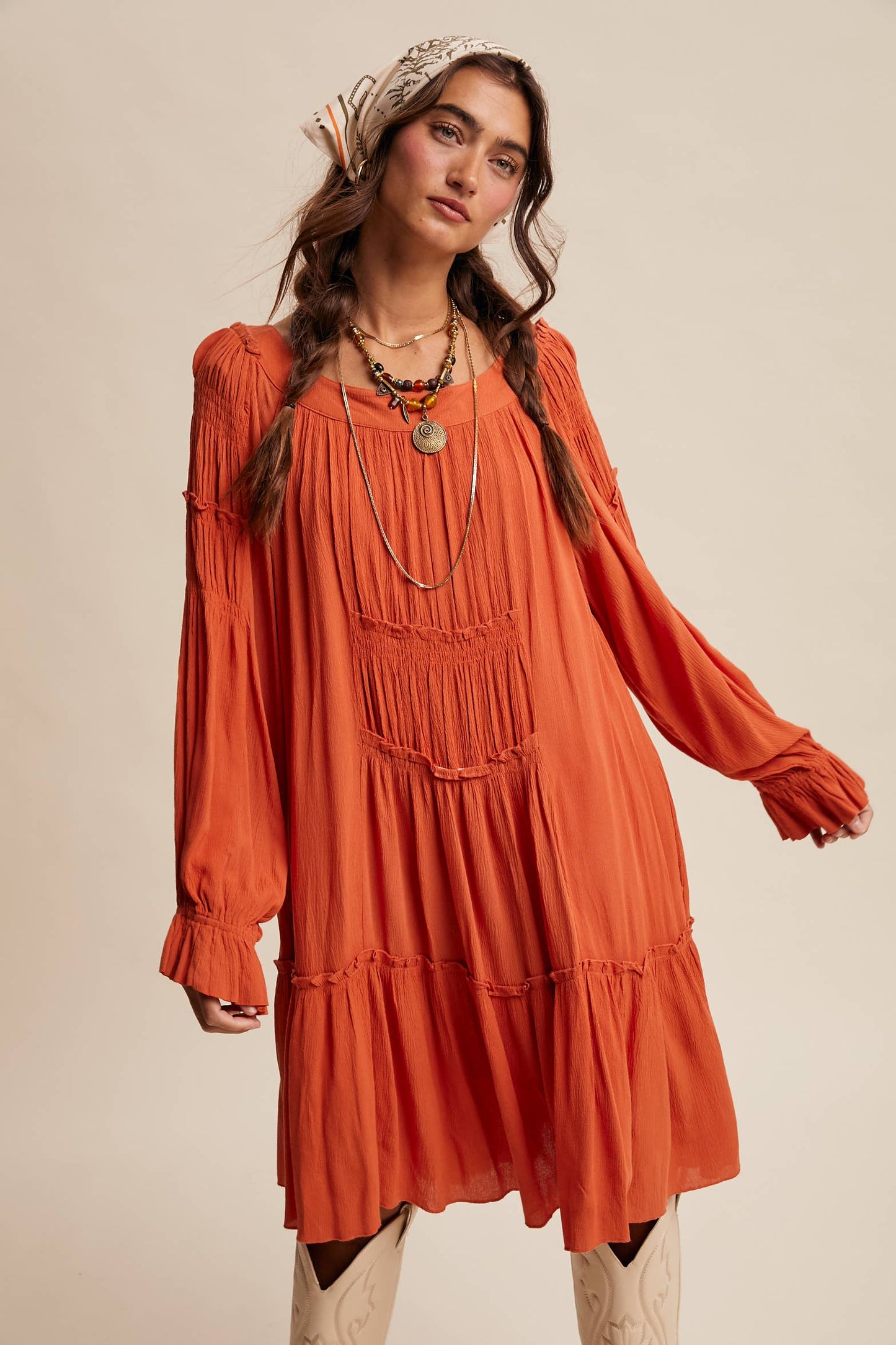 Smocked Tiered Long Sleeve Dress