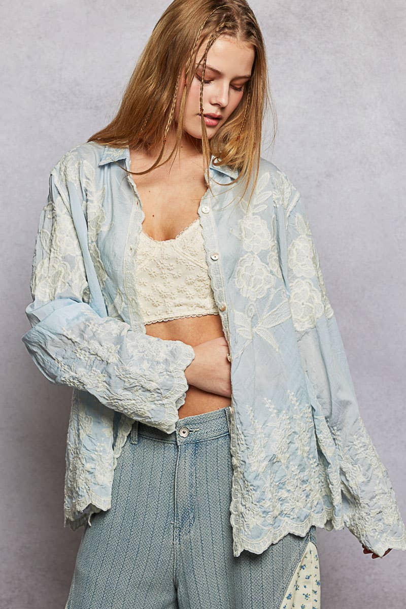Long Sleeve Embroidered Scalloped Edge Top