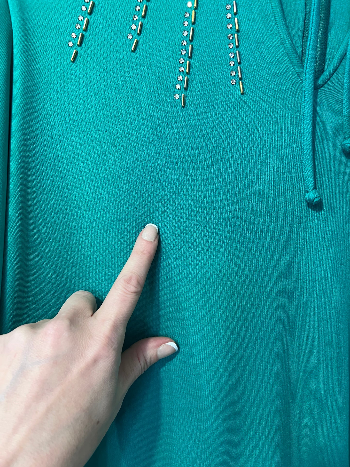 70's Green Beaded Neck Long Sleeve Dress