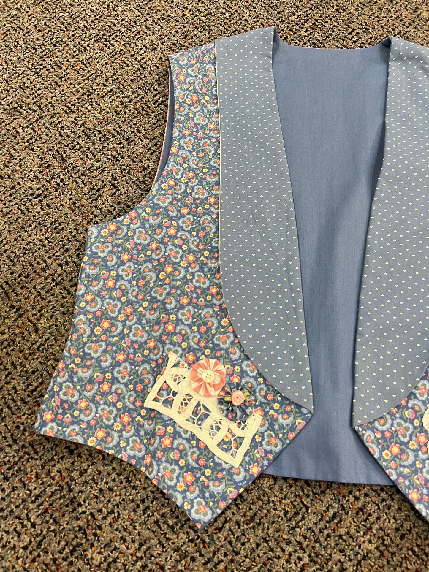 70's Handmade Blue Floral Patterned Vest