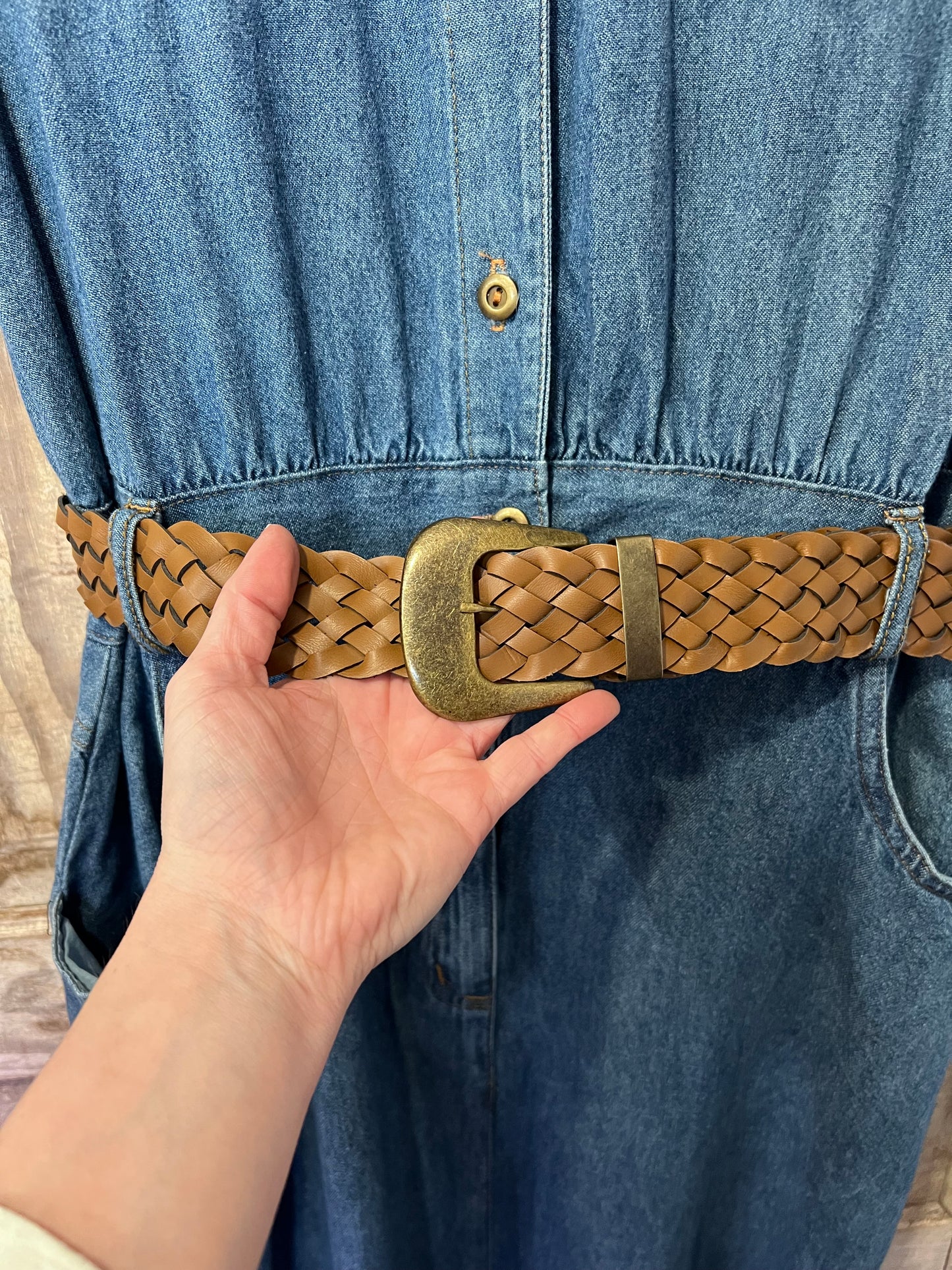 90's Carolina Blues Denim Sleeve-less Belted Dress