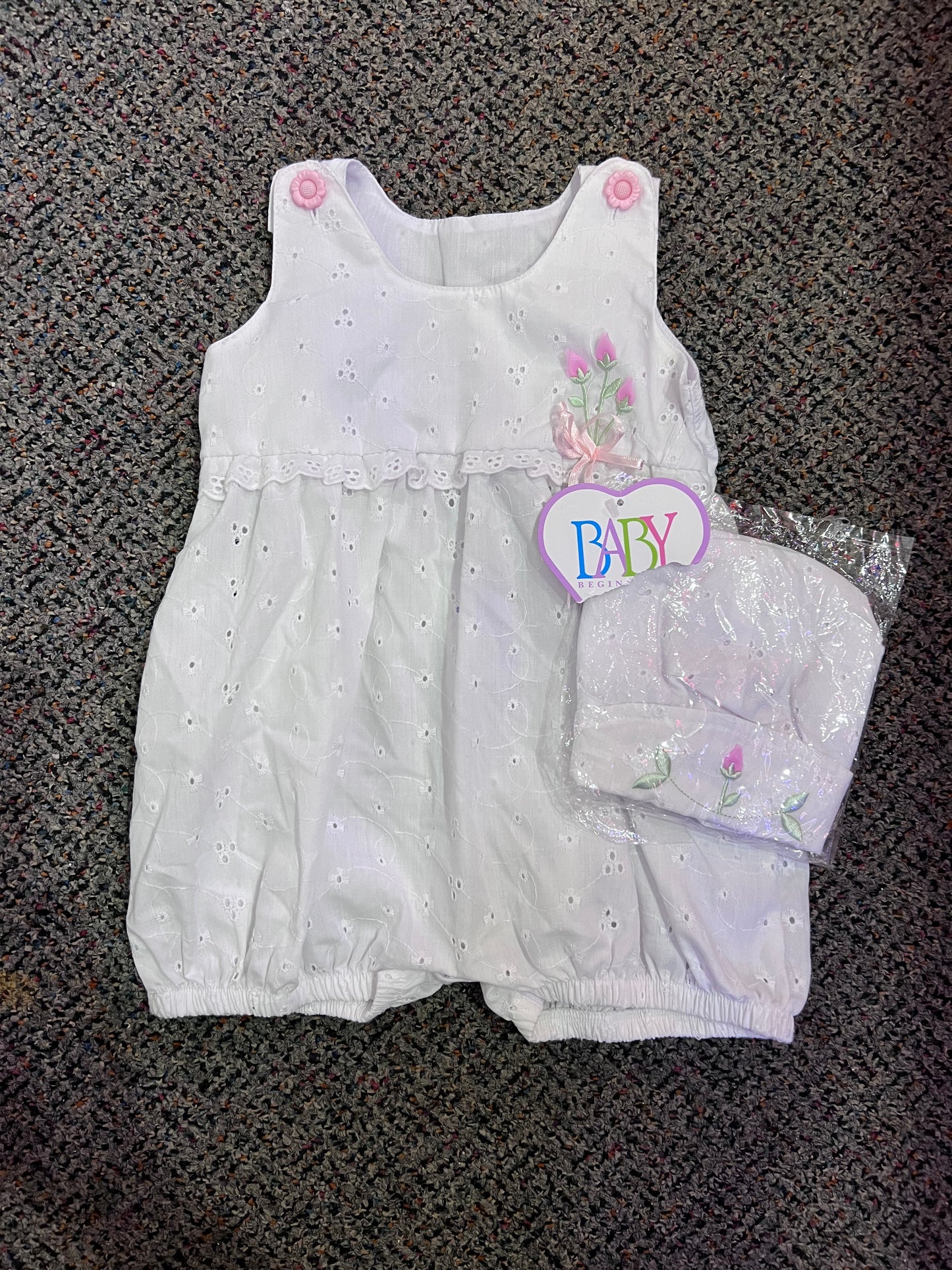 [URL] VTG White Floral Romper + Matching Hat NWT