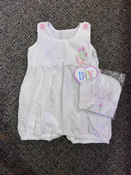 [URL] VTG White Floral Romper + Matching Hat NWT