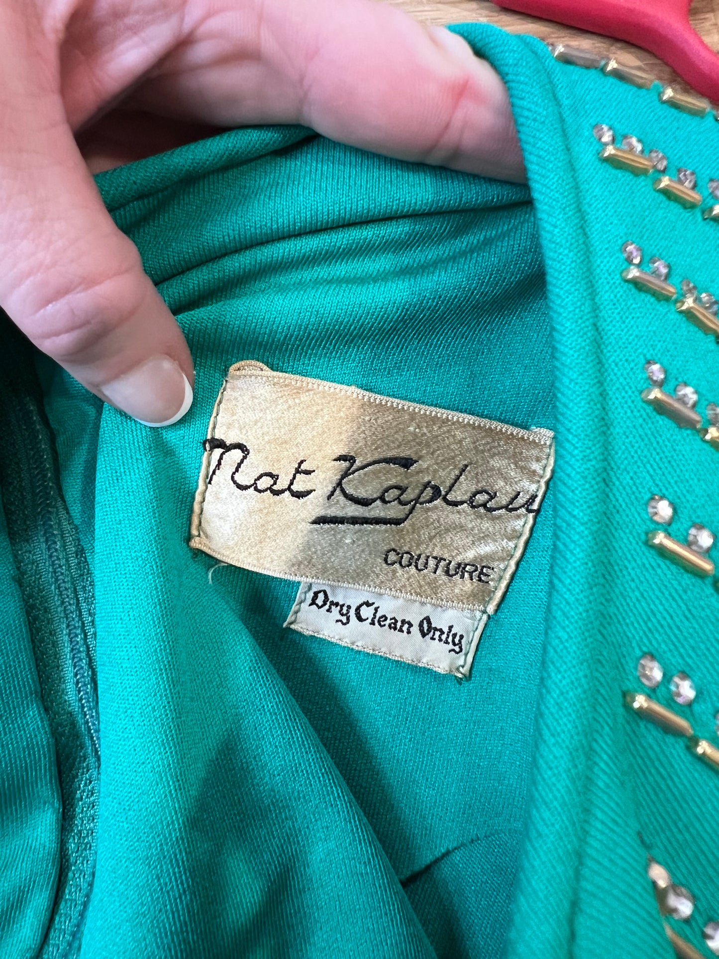 70's Green Beaded Neck Long Sleeve Dress