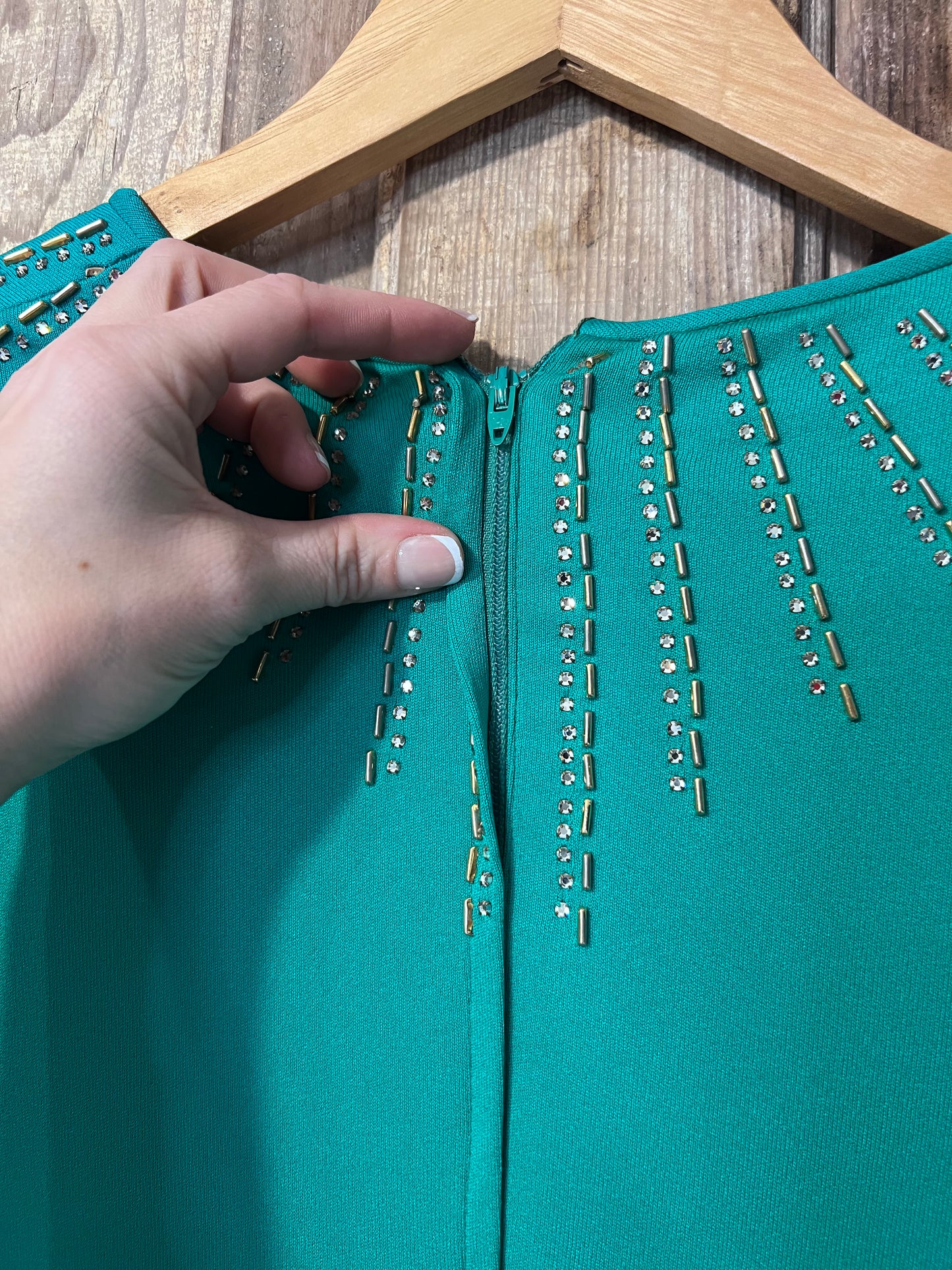 70's Green Beaded Neck Long Sleeve Dress