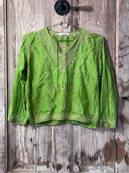 Joshi Green + Gold Embroidered Blouse