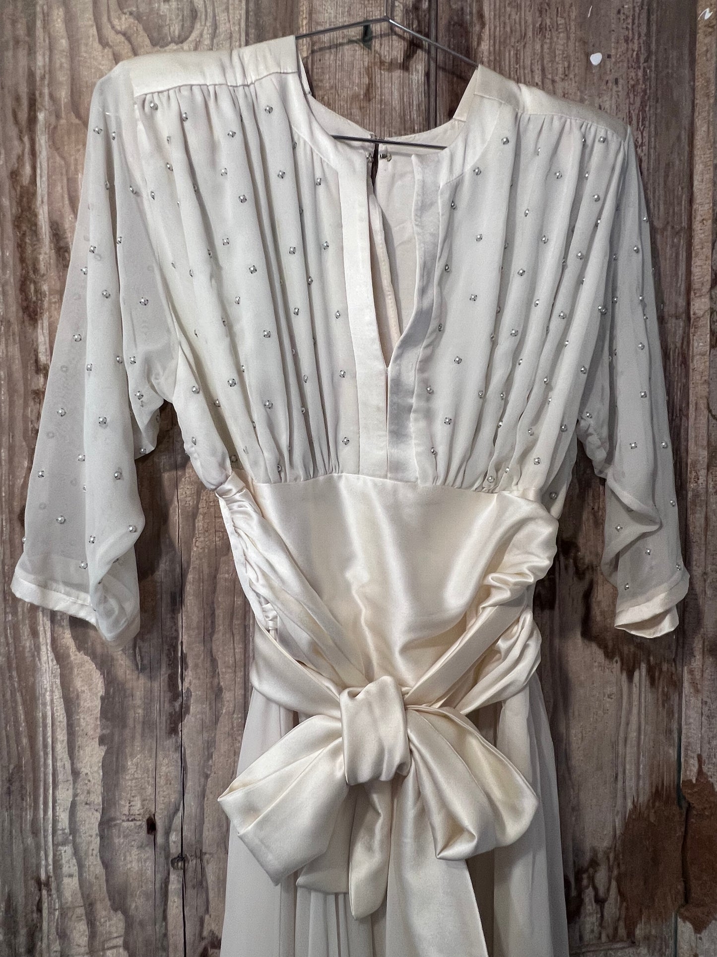 70's David Josef Sheer Pearl Tapered Long Sleeve Dress