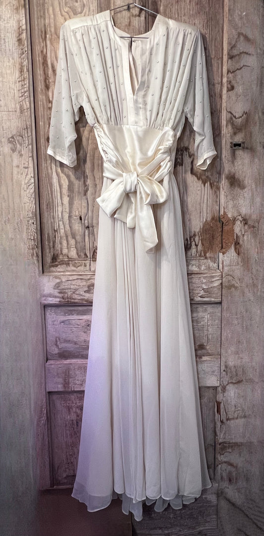 70's David Josef Sheer Pearl Tapered Long Sleeve Dress