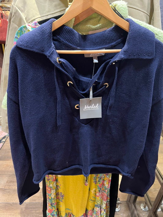 Marled blue tie neck sweater
