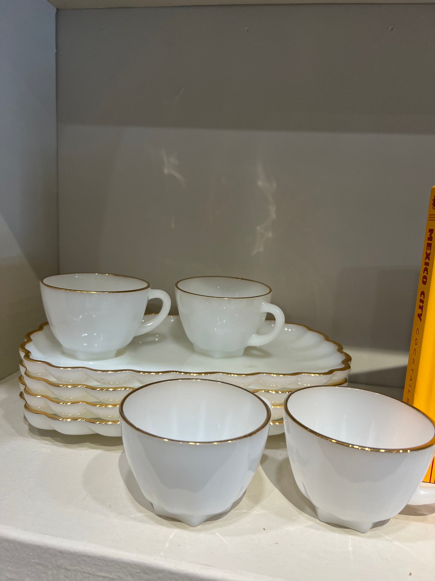 Set of Four Vintage Anchor Hocking 22k Gold Lined Milk Glass set