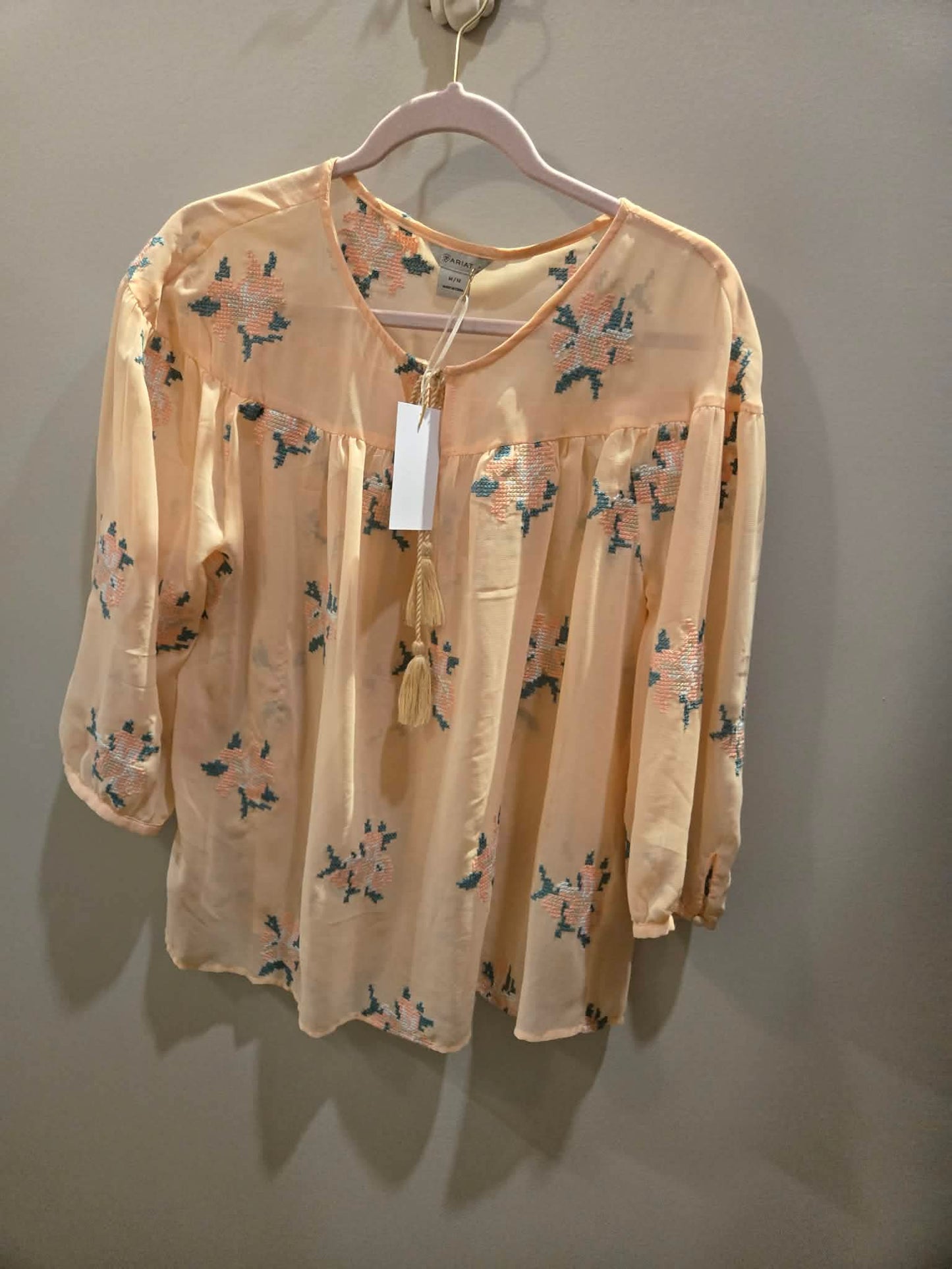 Ariat peach floral sheer blouse