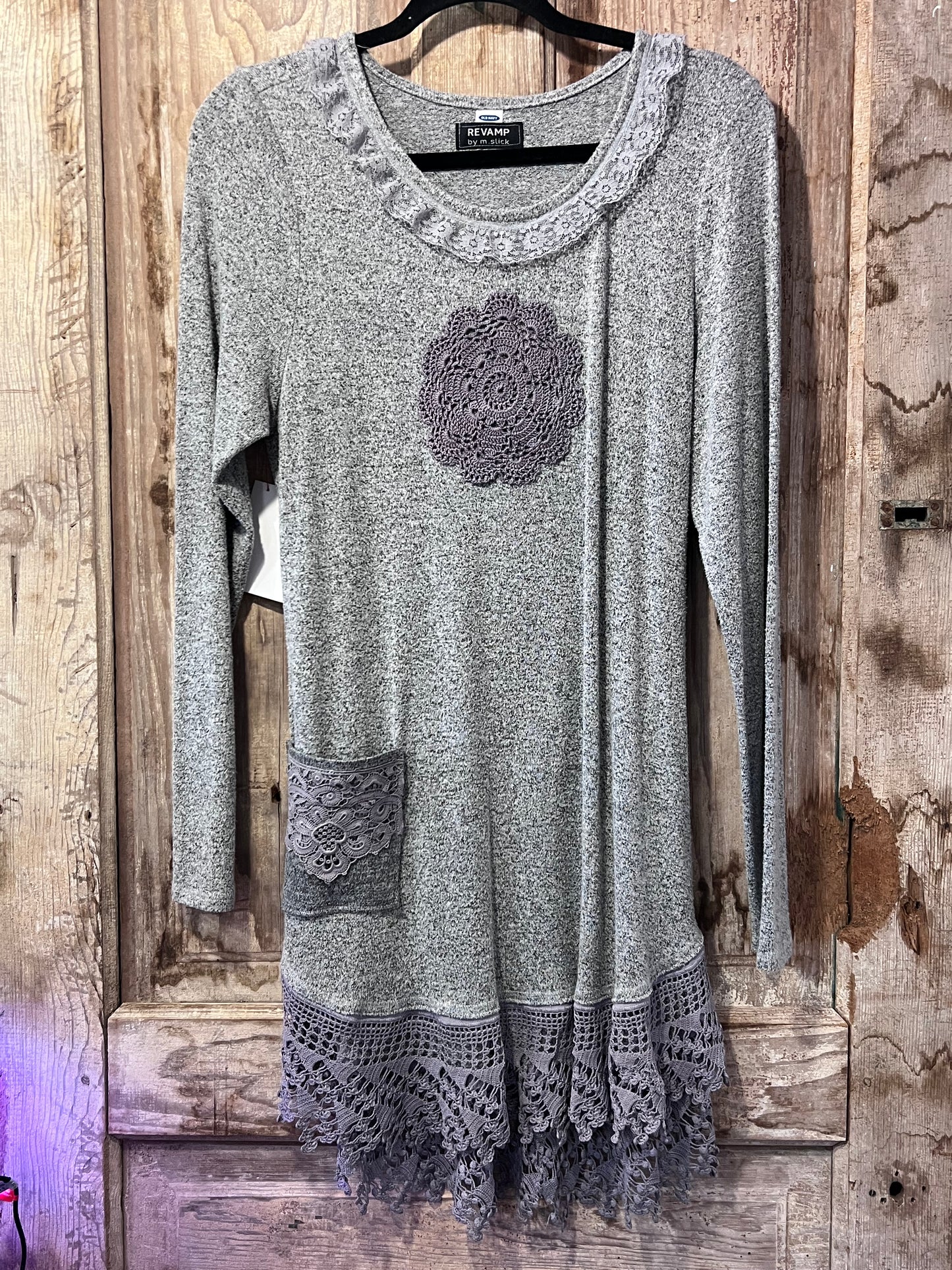 REVAMP Grey Crocheted Bottom Long Sleeve Shirt