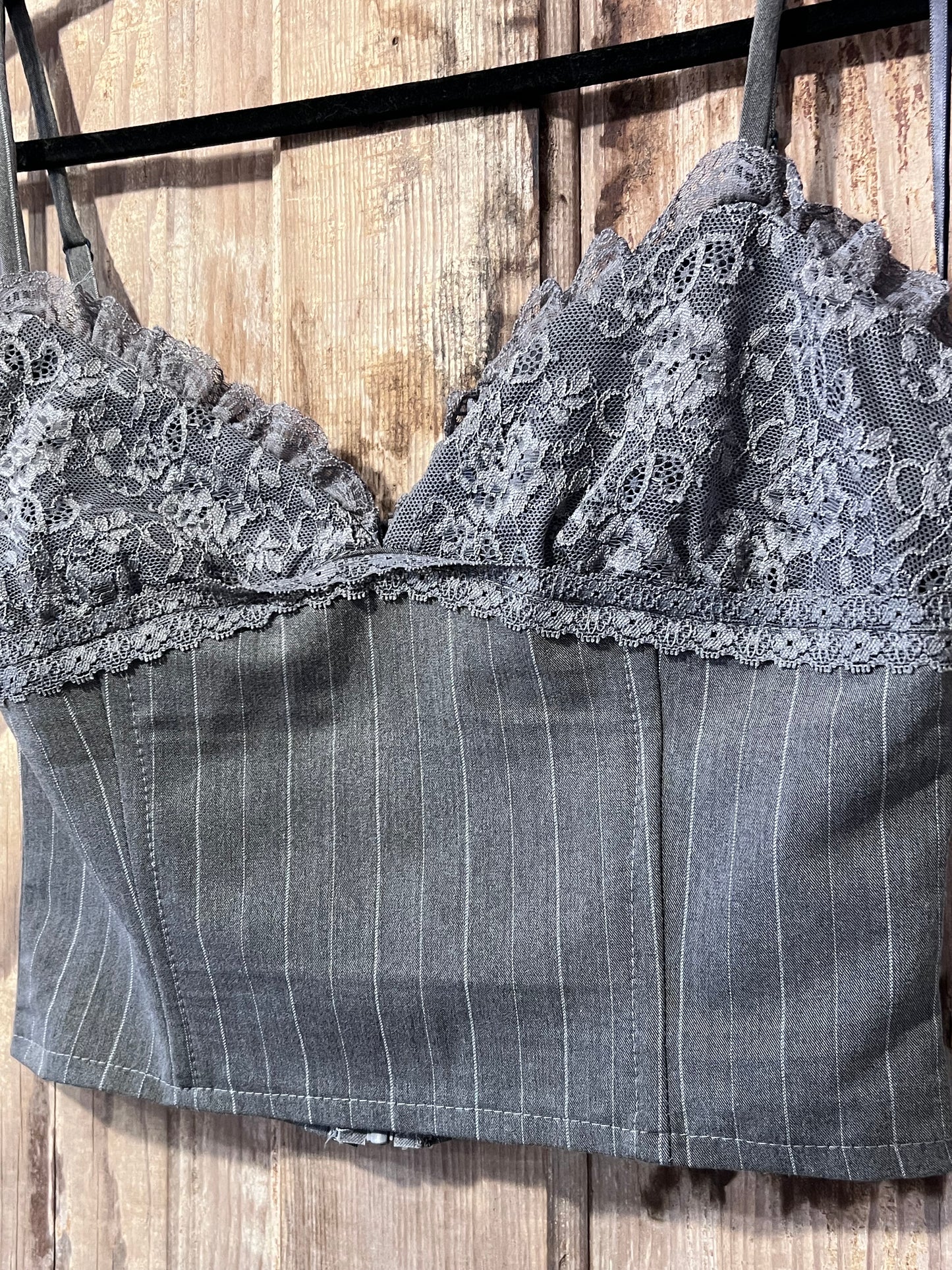 Y2K Grey Striped Lace Cropped Tank Top