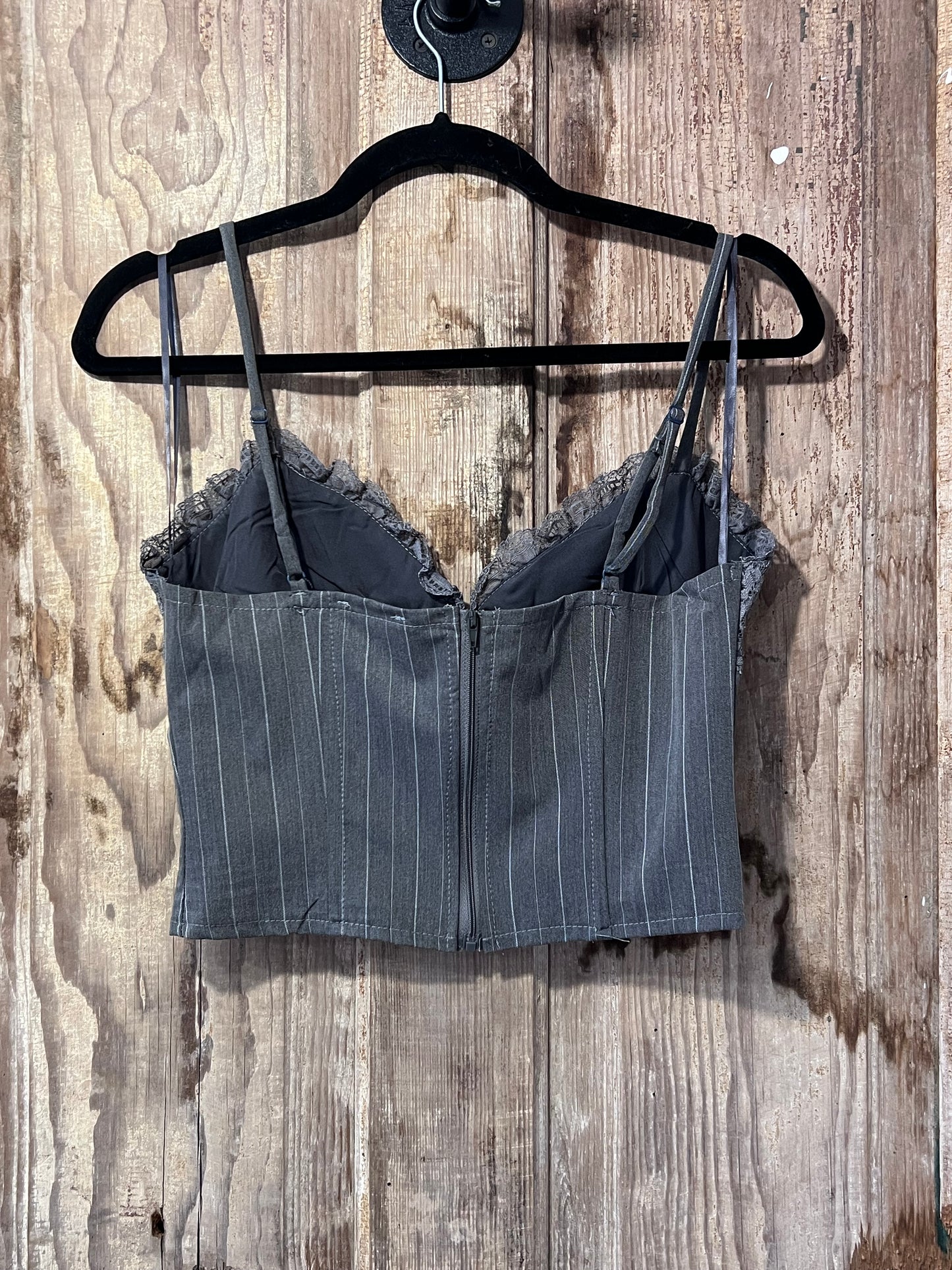Y2K Grey Striped Lace Cropped Tank Top