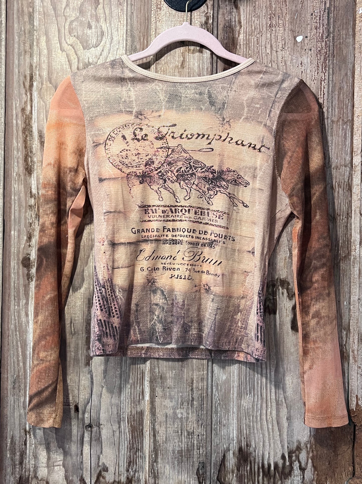 Y2K Bedazzled Western Mesh Sleeve Shirt