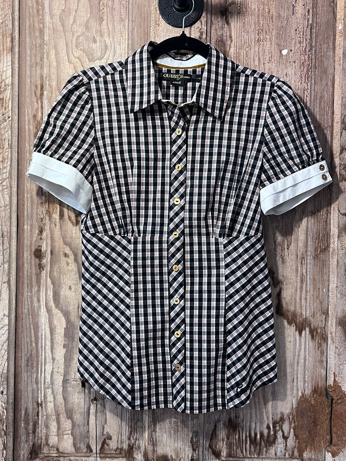 Y2K Guess Gingham Puffy Sleeve Button Up Top