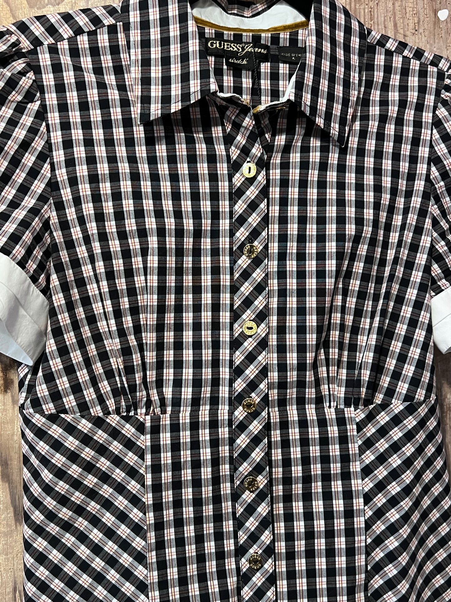 Y2K Guess Gingham Puffy Sleeve Button Up Top