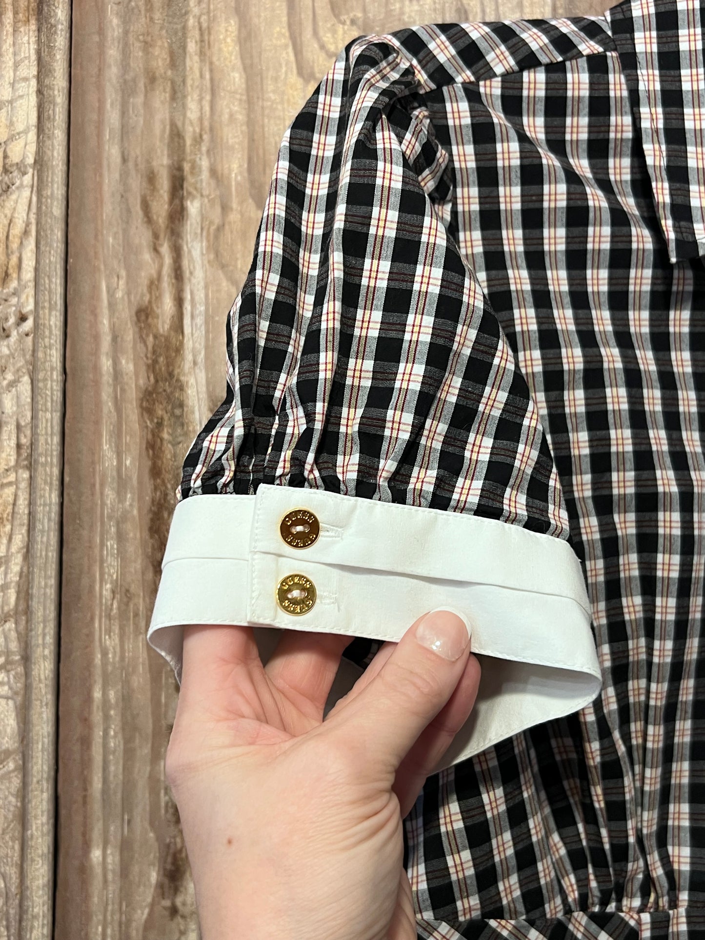 Y2K Guess Gingham Puffy Sleeve Button Up Top