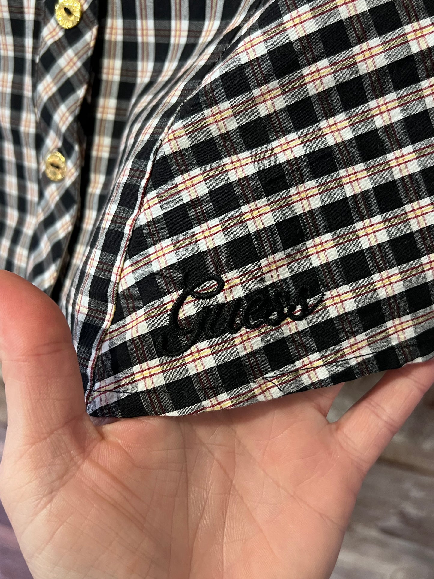 Y2K Guess Gingham Puffy Sleeve Button Up Top