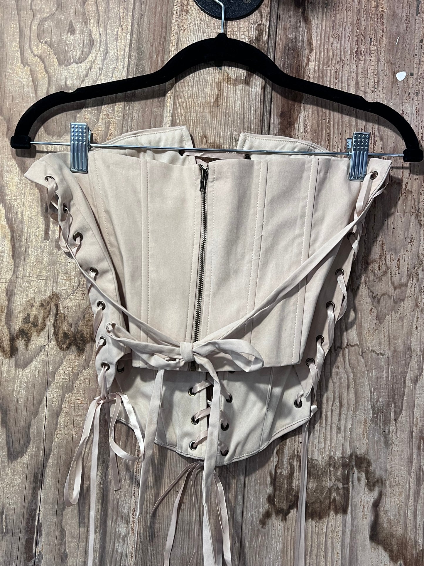 Y2K Beige Lace Up Corset-esc Top