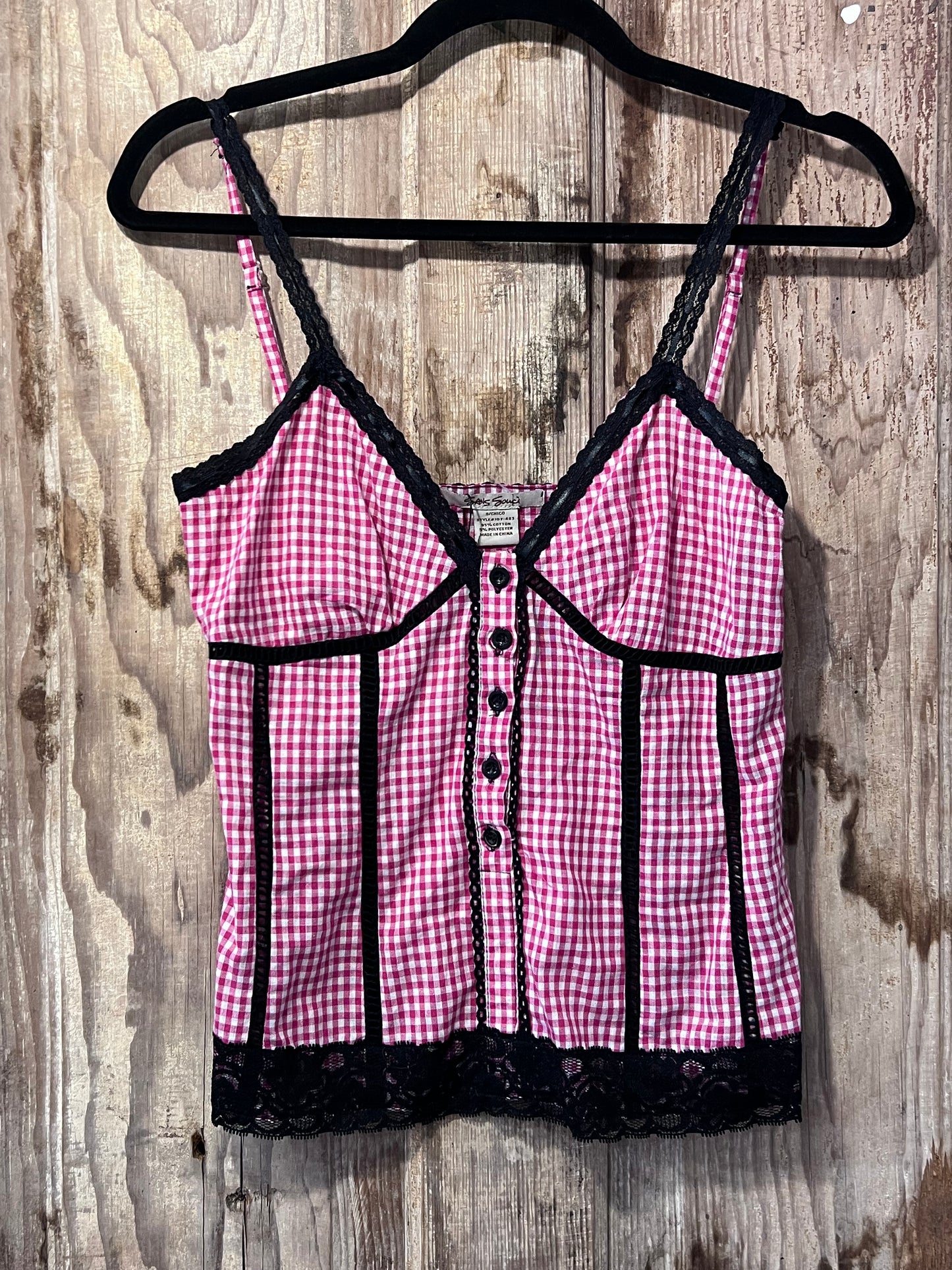 Y2K Pink Plaid + Black Lace Tank Top