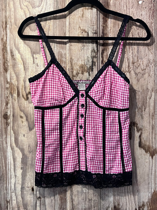 Y2K Pink Plaid + Black Lace Tank Top
