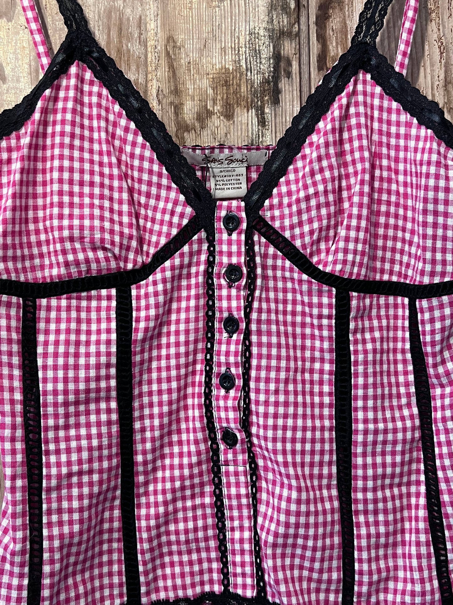 Y2K Pink Plaid + Black Lace Tank Top