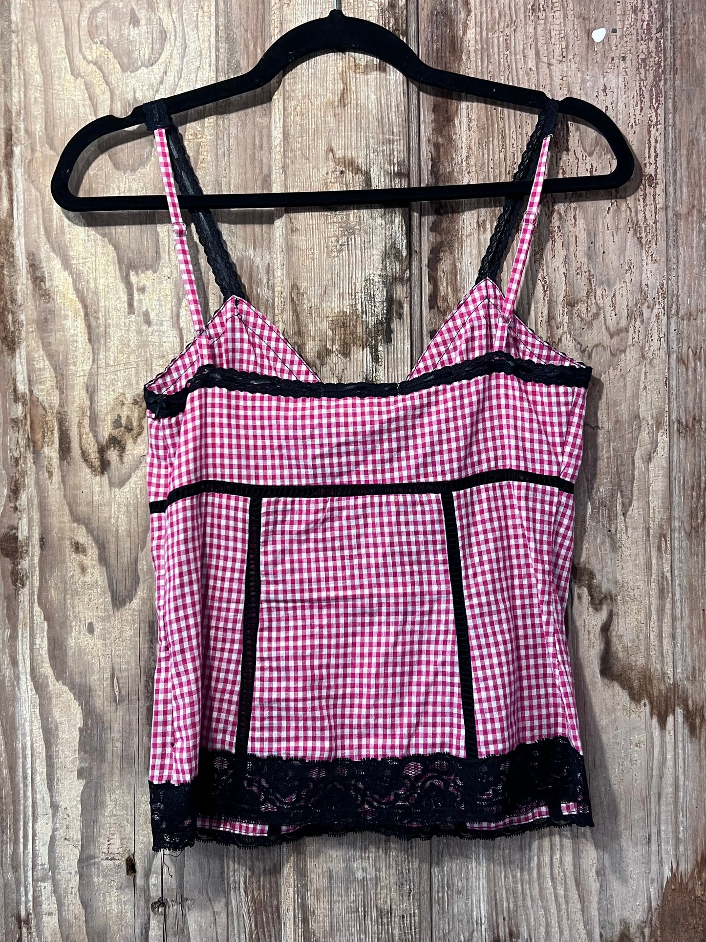 Y2K Pink Plaid + Black Lace Tank Top