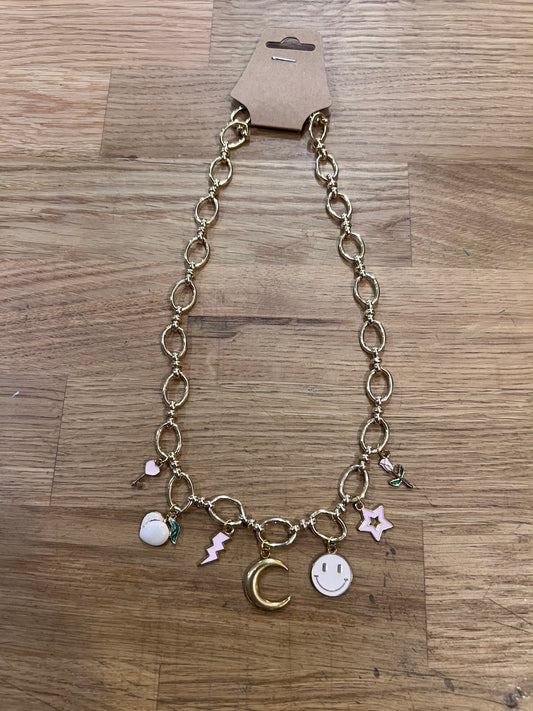 Chunky Gold + Pink Charm Necklace