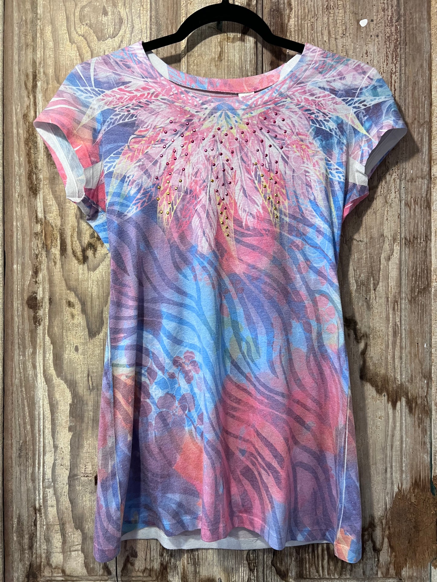 Y2K Rainbow Patterned Bedazzled Shirt