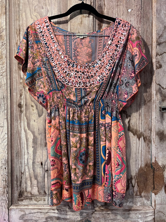 Y2K One World Free People Flowy Sequin Blouse