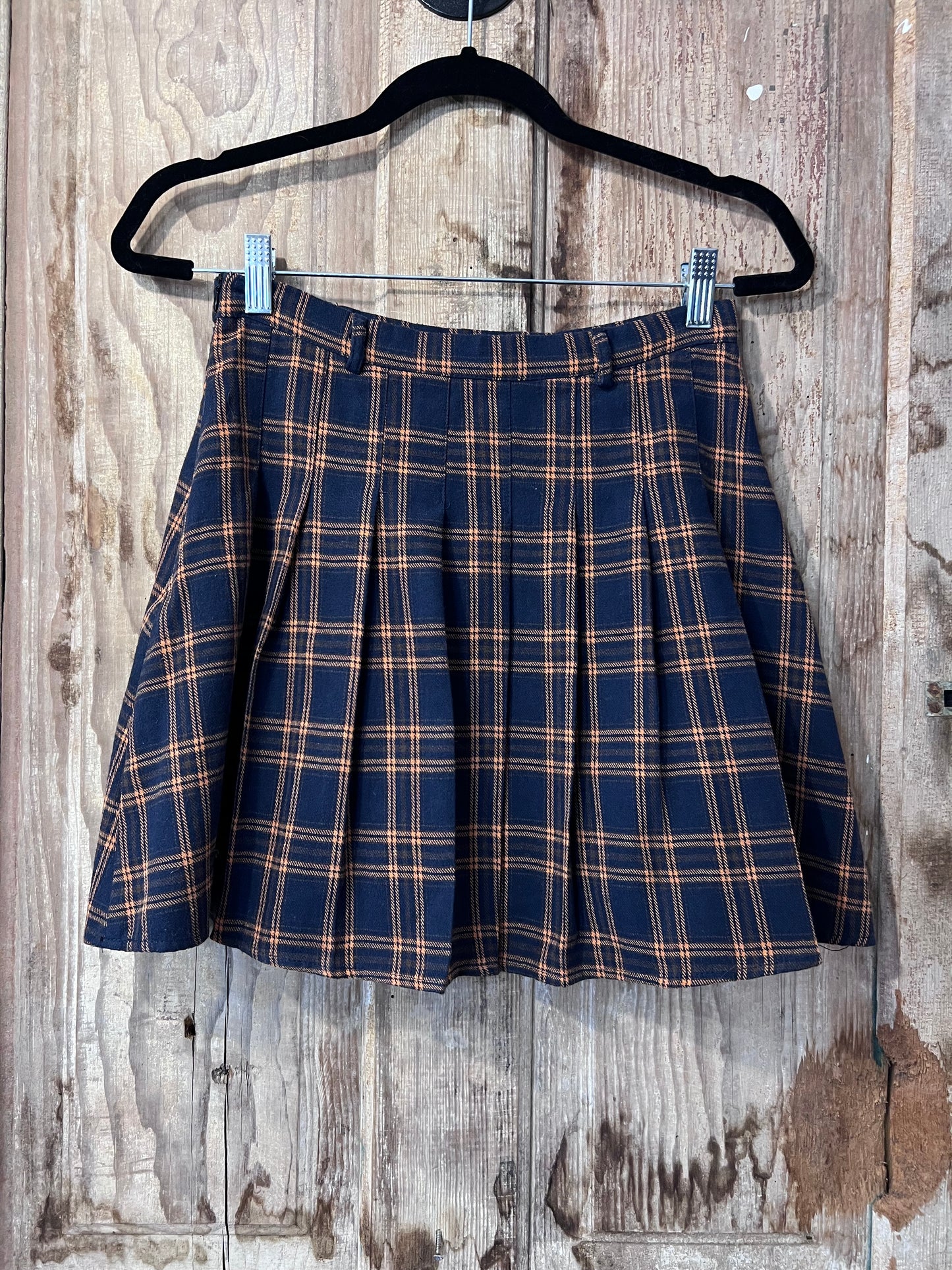 90's/Y2K Navy + Orange Plaid Pleated Skirt