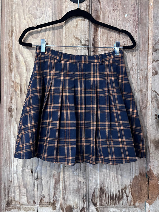 90's/Y2K Navy + Orange Plaid Pleated Skirt