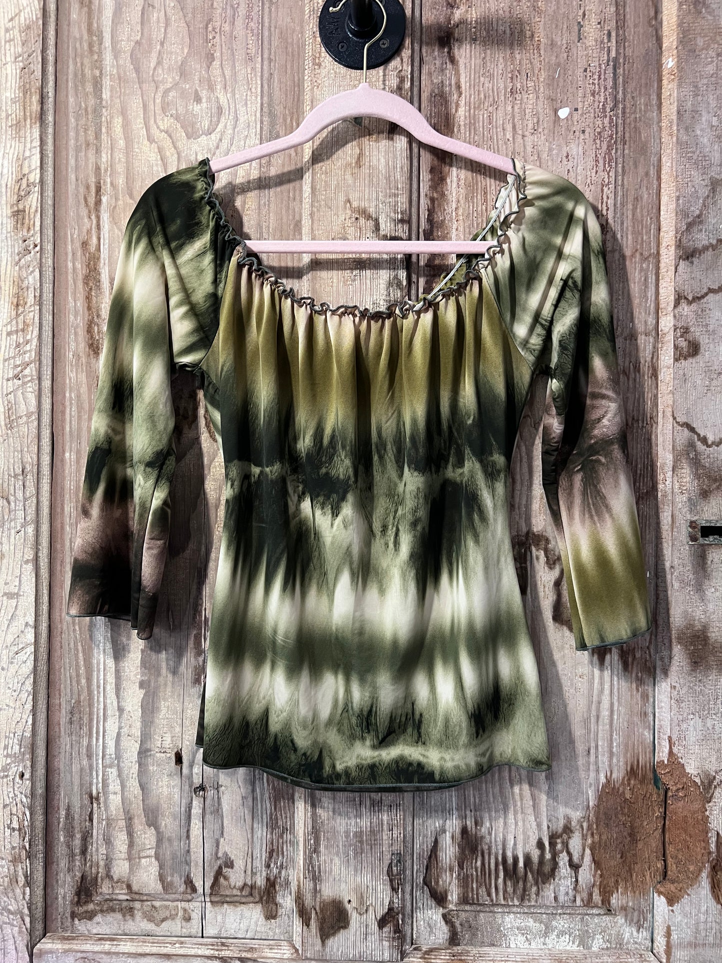 Y2K Flowy Green Tie Dye-Like Blouse