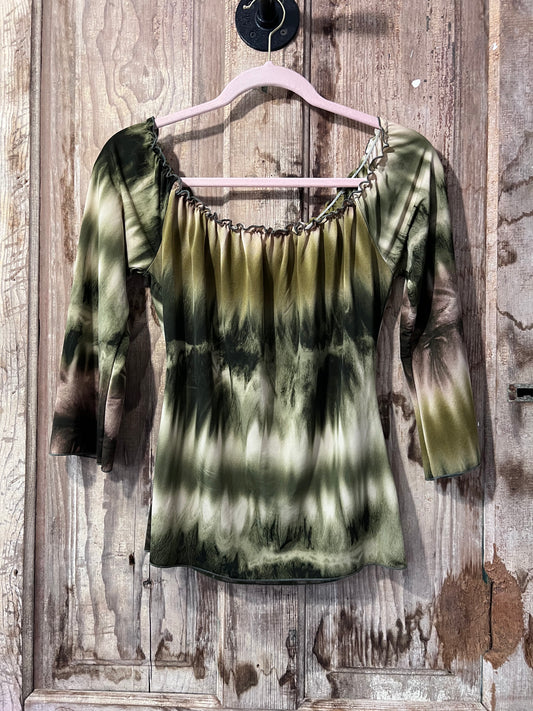 Y2K Flowy Green Tie Dye-Like Blouse
