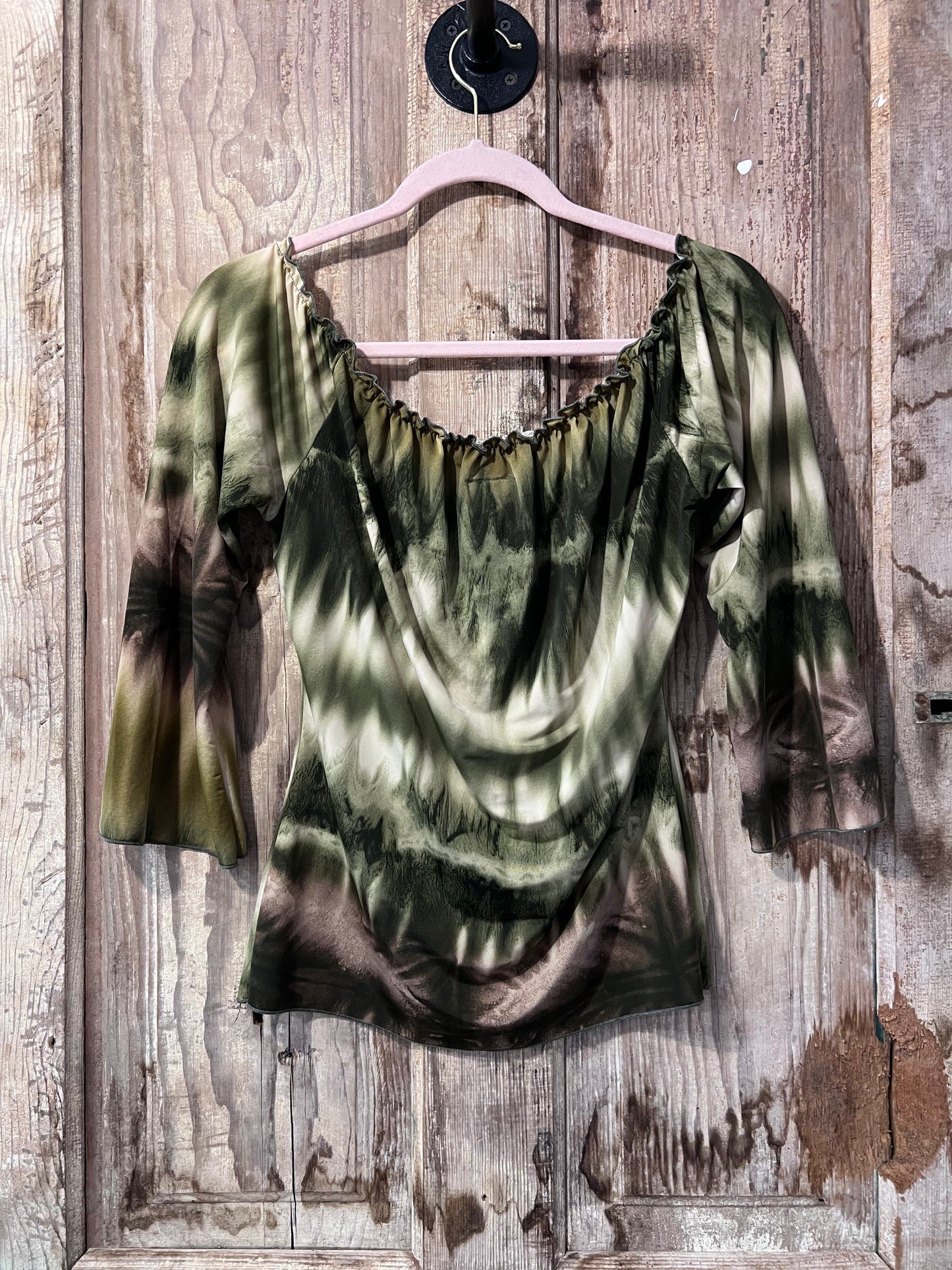Y2K Flowy Green Tie Dye-Like Blouse