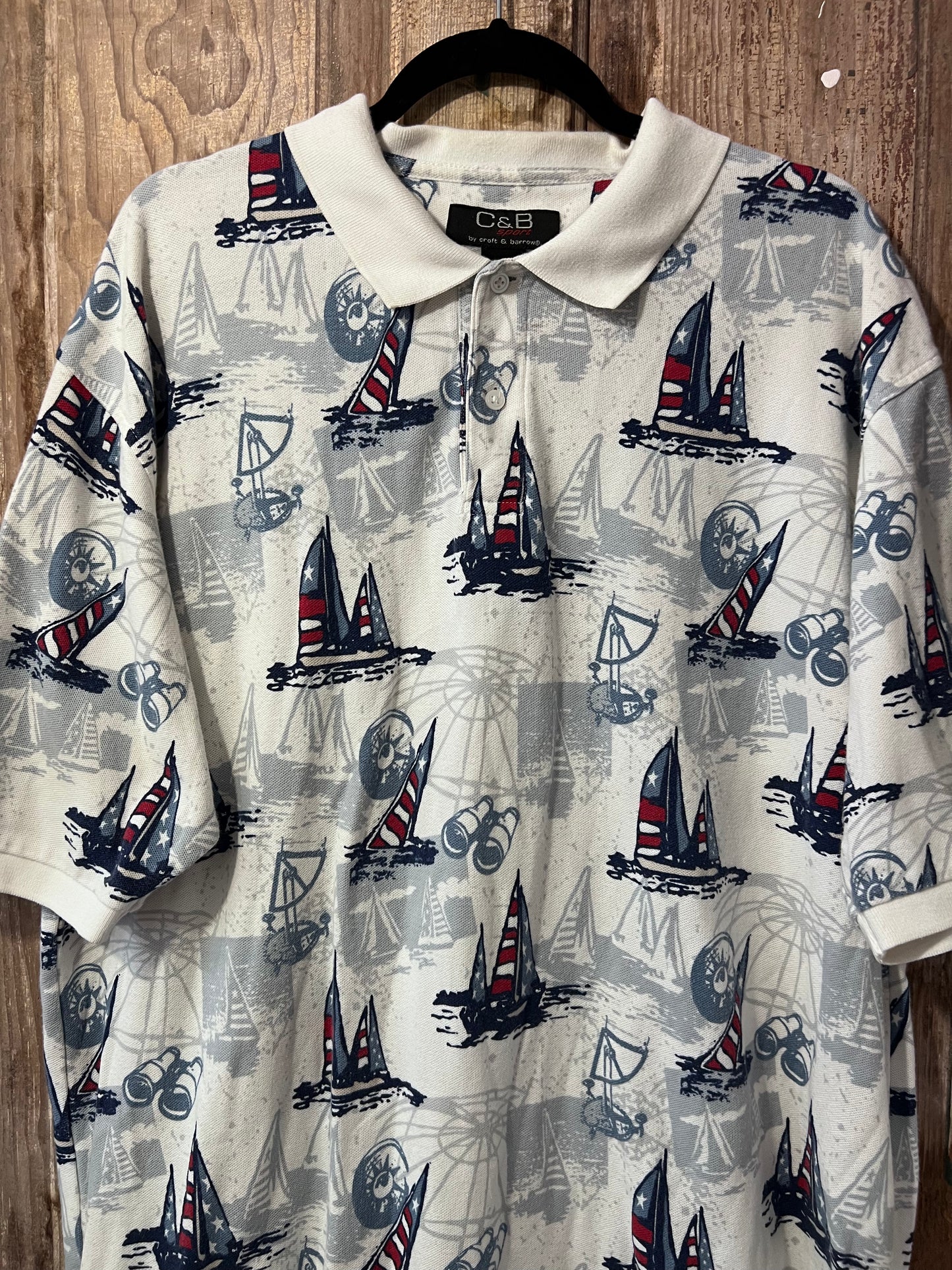90's C+B Sport Sail Boat Patterned Polo Shirt