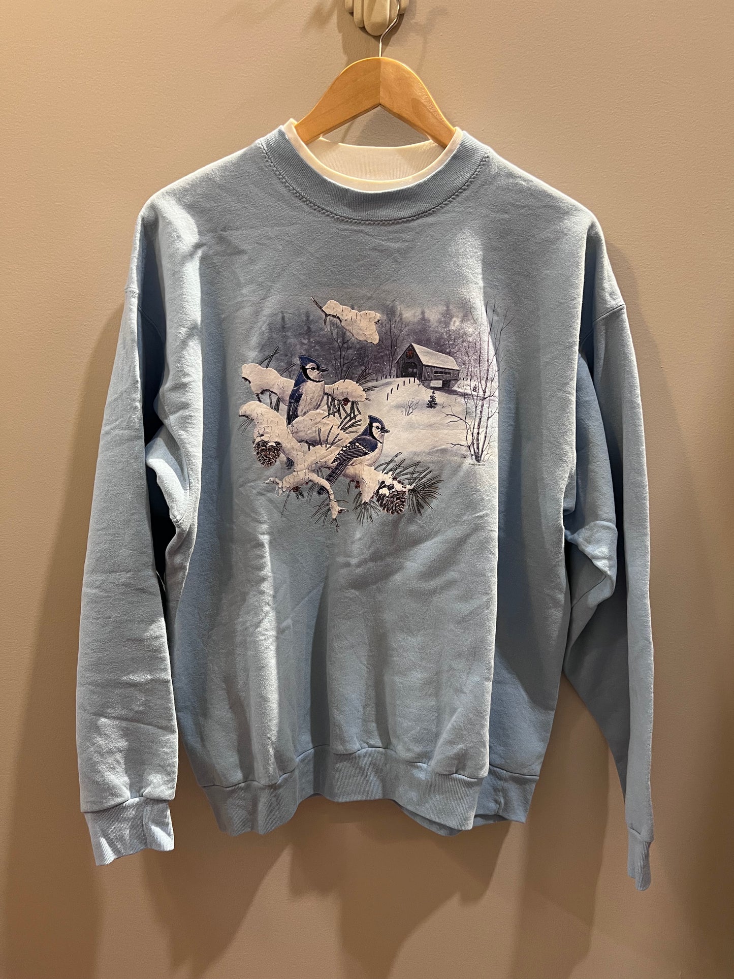 VTG Baby Blue Winter + Birds Scene Crewneck