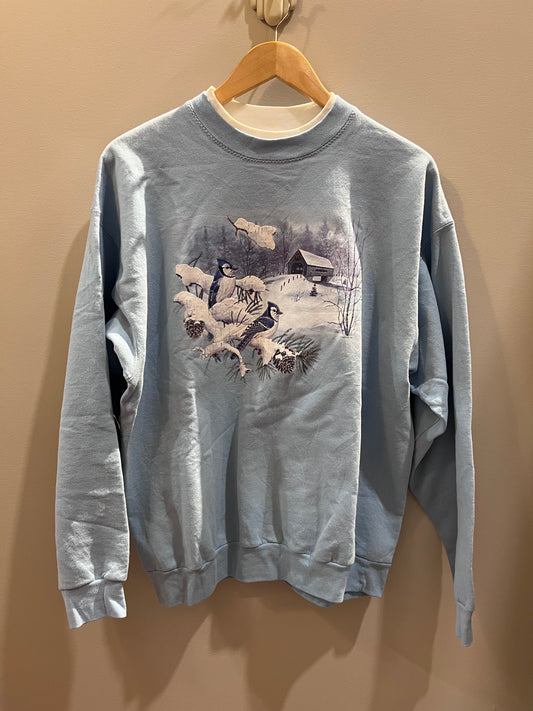 VTG Baby Blue Winter + Birds Scene Crewneck