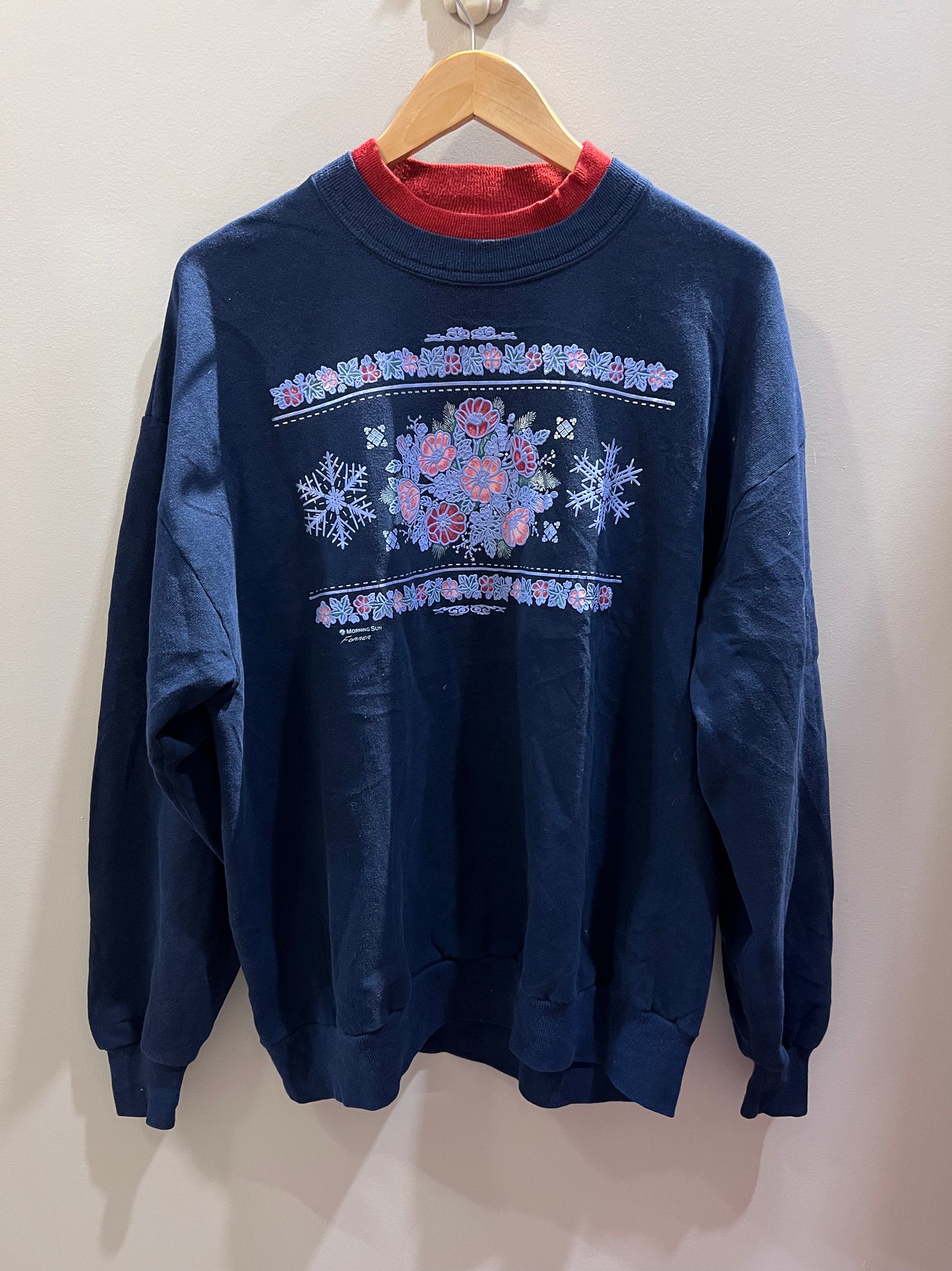VTG Morning Sun Puffy Floral + Snowflakes Navy Crewneck