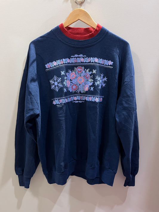 VTG Morning Sun Puffy Floral + Snowflakes Navy Crewneck