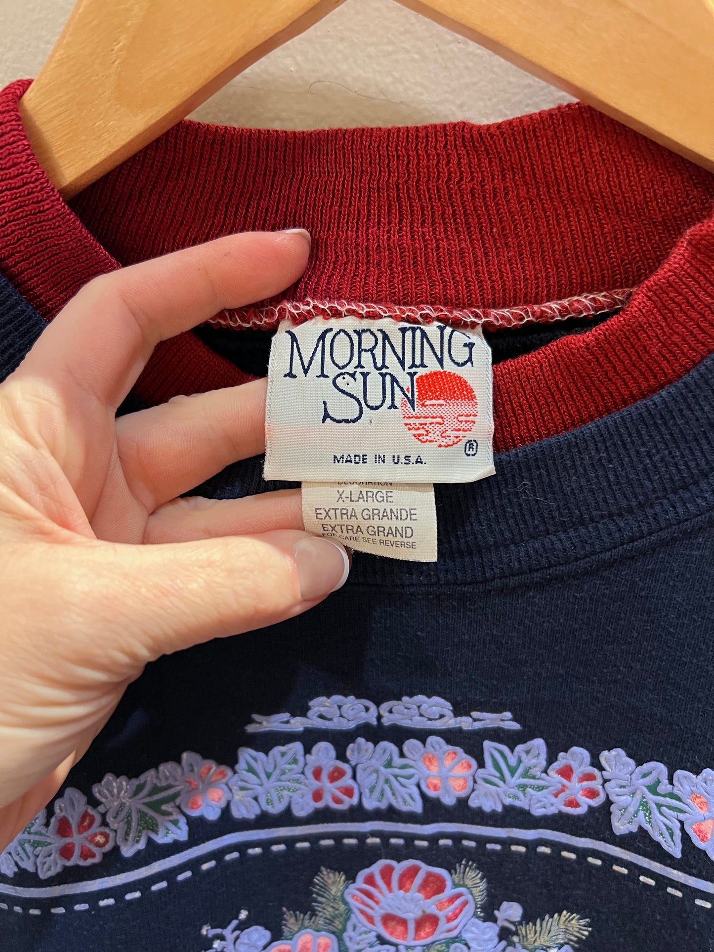 VTG Morning Sun Puffy Floral + Snowflakes Navy Crewneck