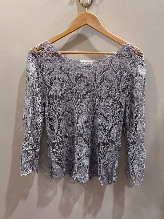 ADVIA Sparkly Silver Open Crochet Top