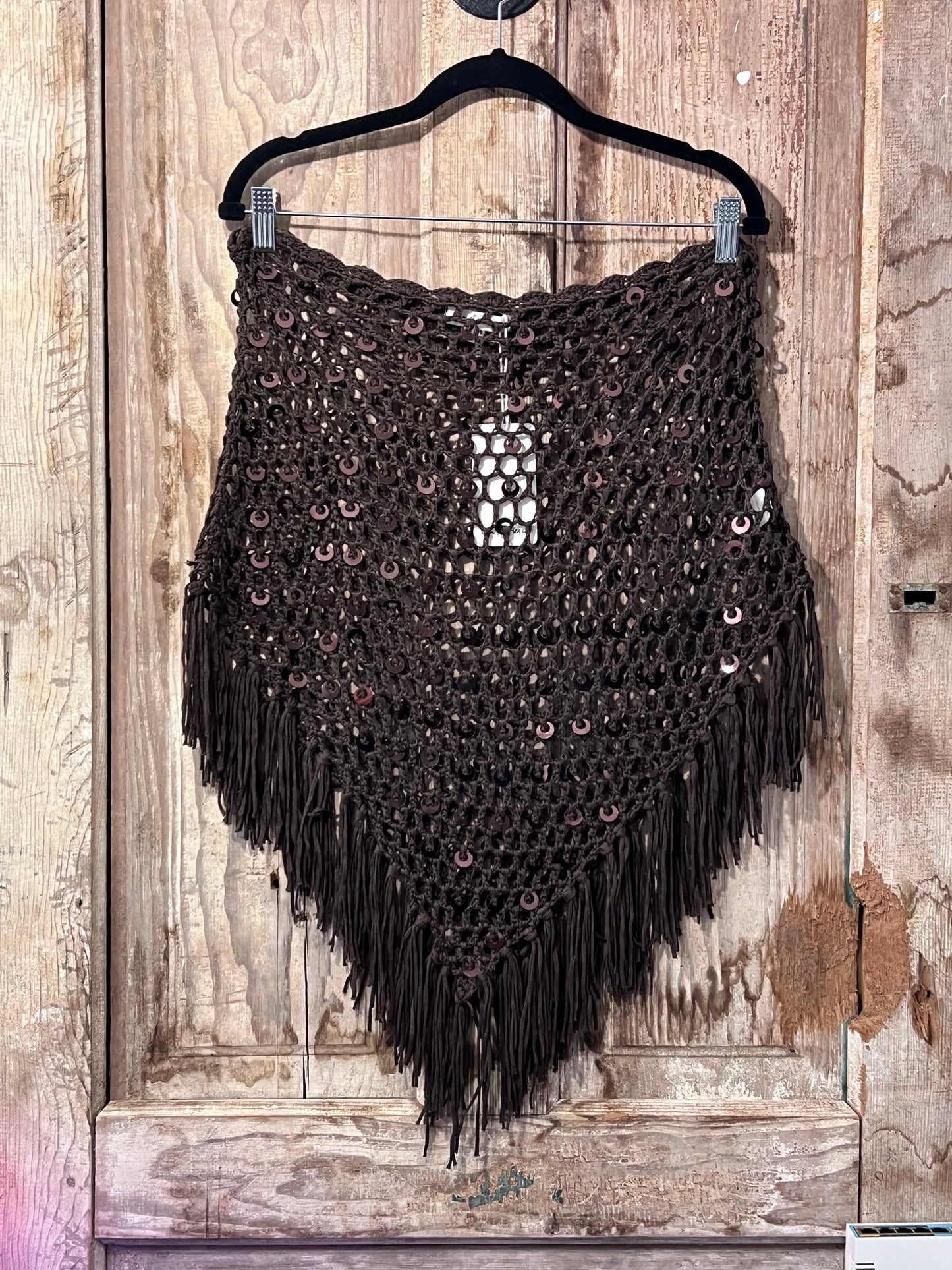 TEN STORIES UP Brown Crochet Sequin Off Shoulder Top